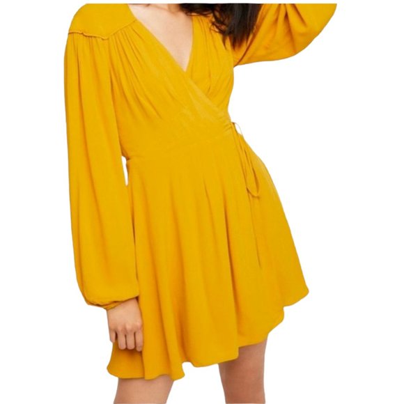 Free People Dresses & Skirts - Free People Mustard Yellow Gold Double Life Mini Wrap Dress